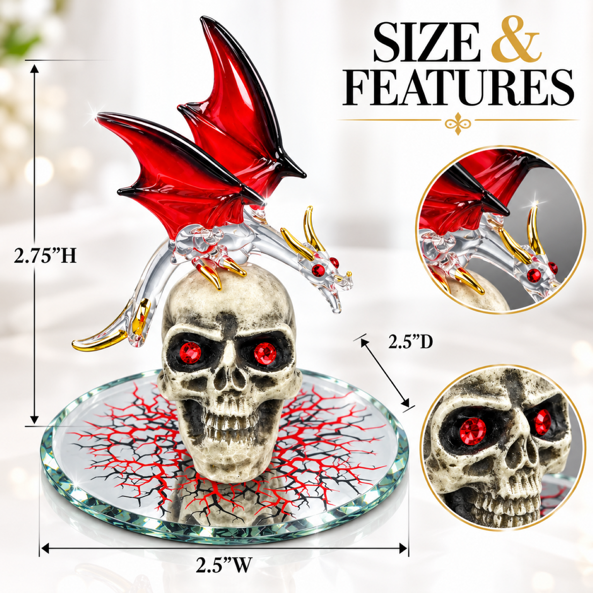 Skull Dragon Figurine, Red Wings, Gothic Fantasy Sculpture, Halloween Decor, Dragon Lover Gift