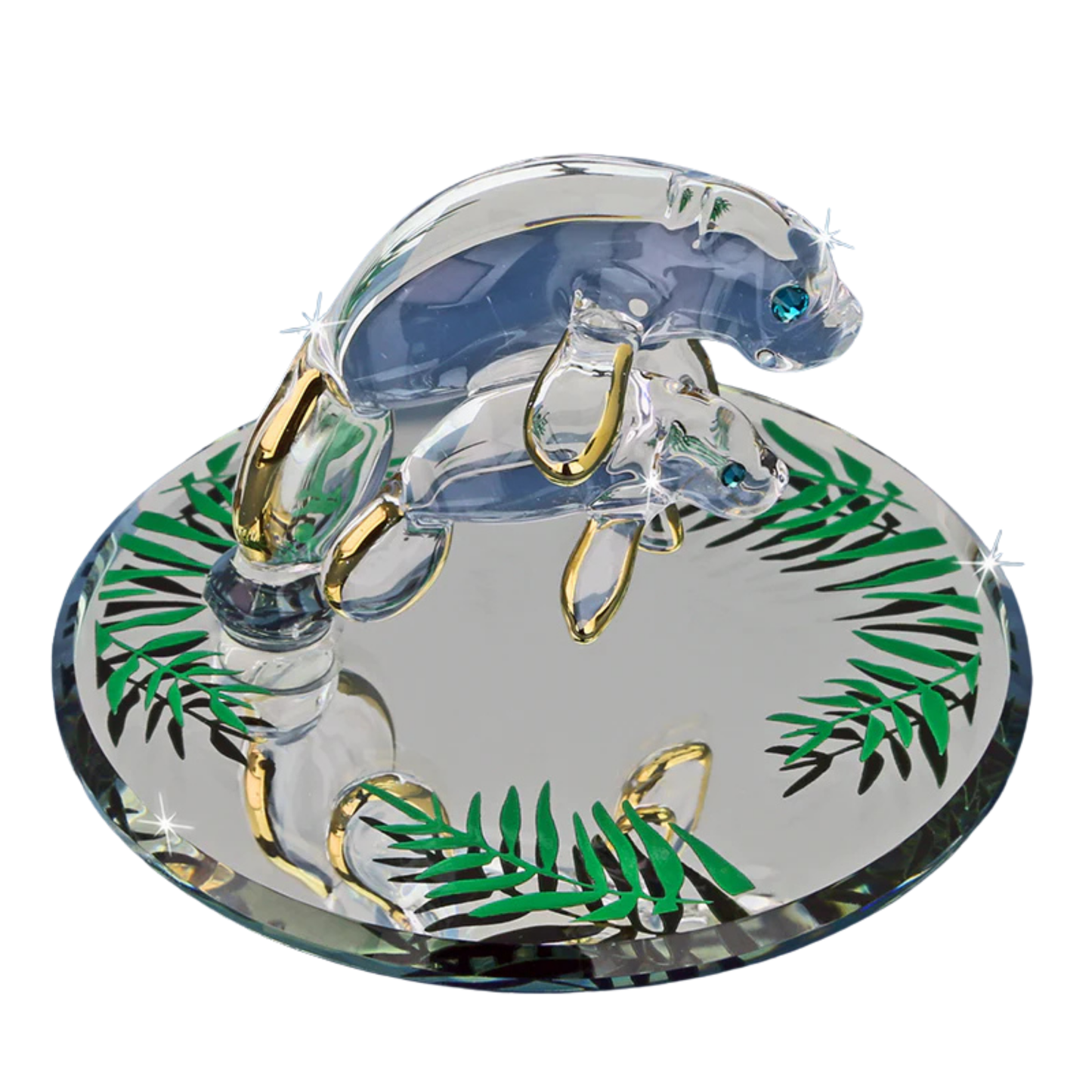 Handcrafted glass manatee with baby on a beveled mirror base with crystal and gold accents