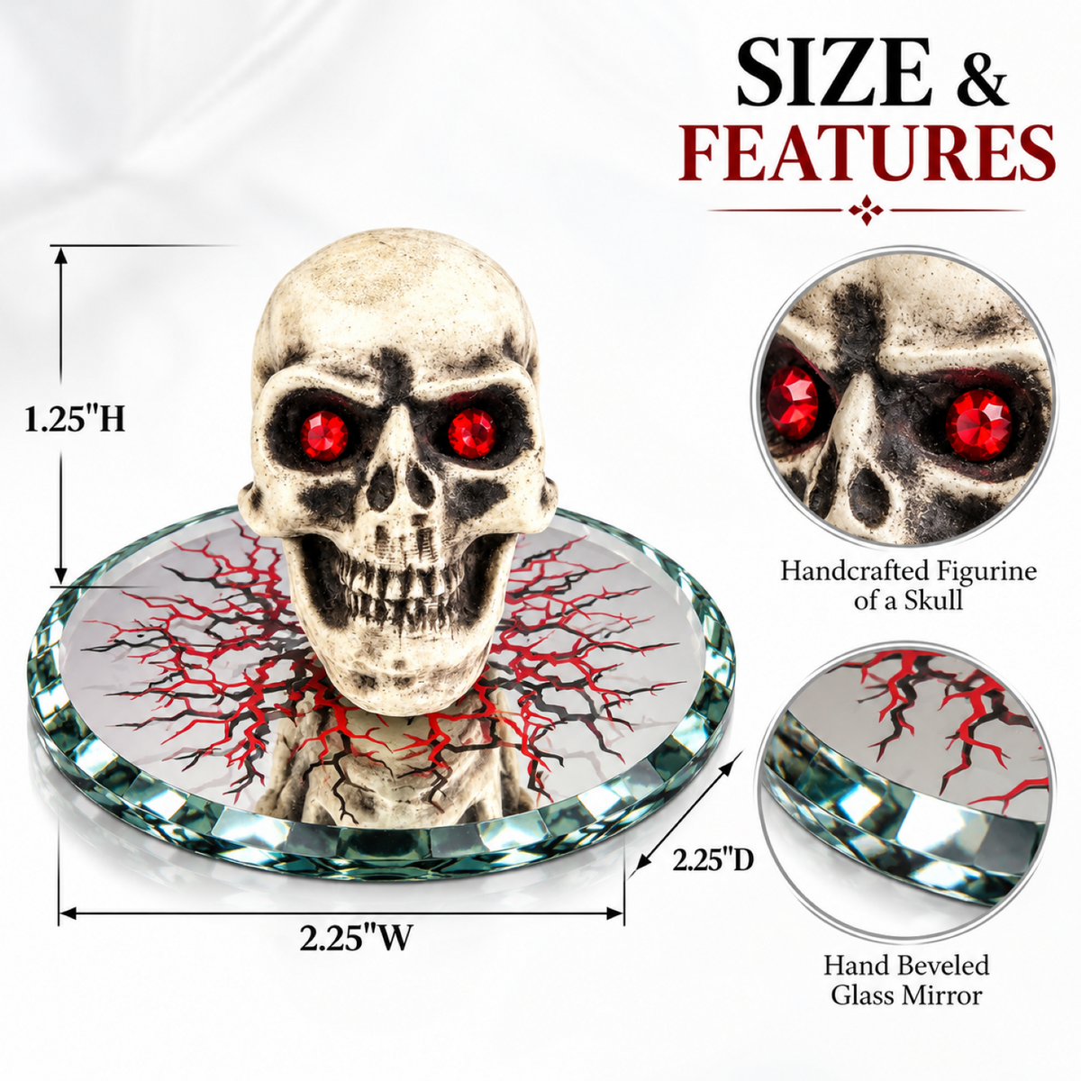 Red Eyed Skull Figurine, Glass Skull Decor, Gothic Halloween Gift