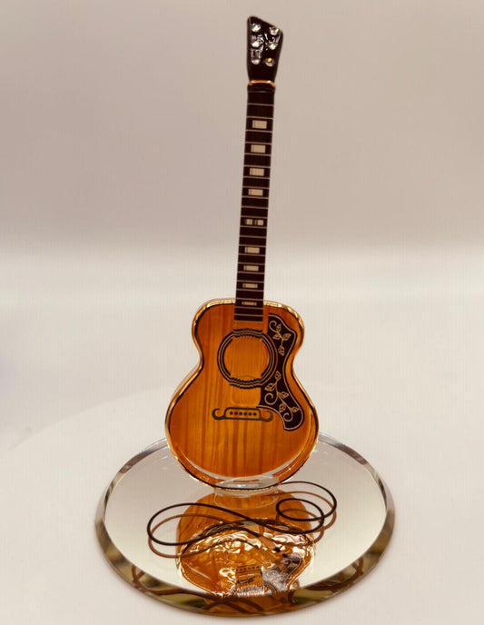 Handcrafted acoustic glass guitar figurine on beveled mirror base with crystal and 22Kt gold accents