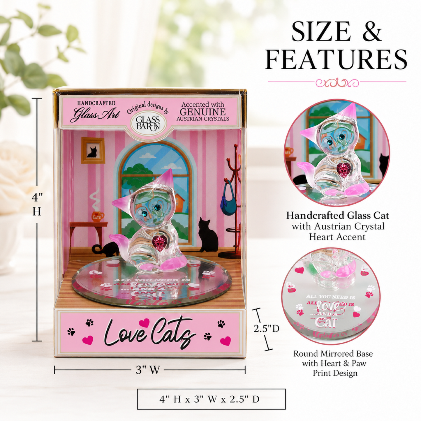 Glass Cat Figurine Gift in Keepsake Box – Love Cats Crystal Home Decor