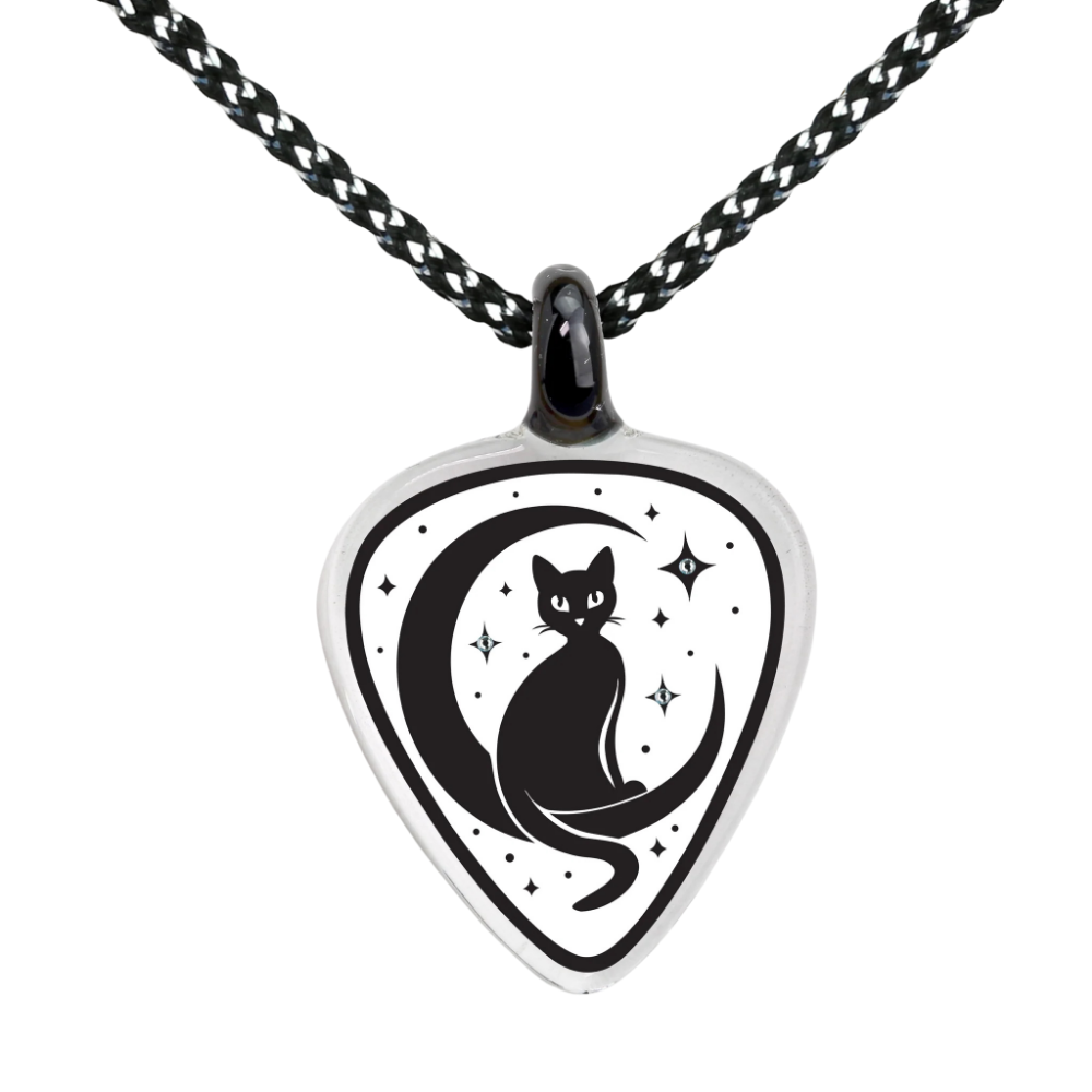 Cat and Moon Necklace Handcrafted Glass Pendant with Crystals on Cord Chain