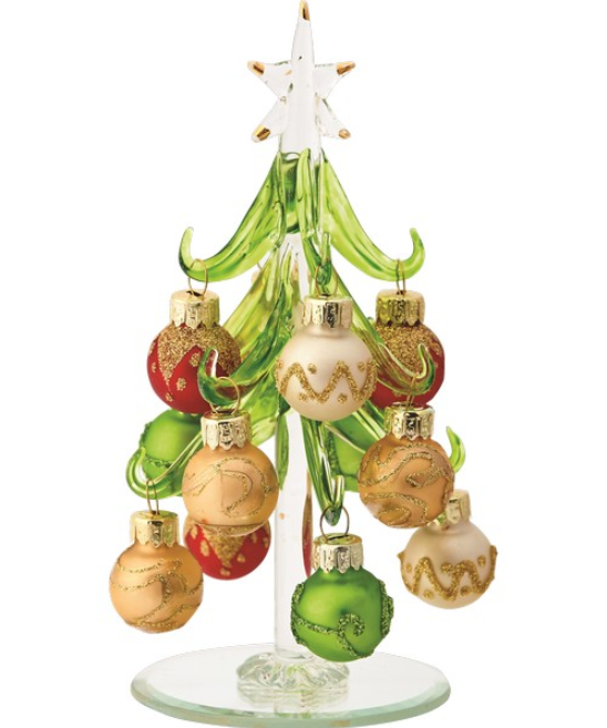 Glass Christmas Tree with Red Green Gold Ornaments 6 Inch