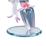 Cute Cat with Vase Figurine Handcrafted Pink Cat with Flowers on Glass