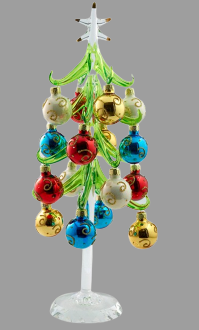 Green Glass Tree 12 inch with Multicolor Ornaments on Crystal Base