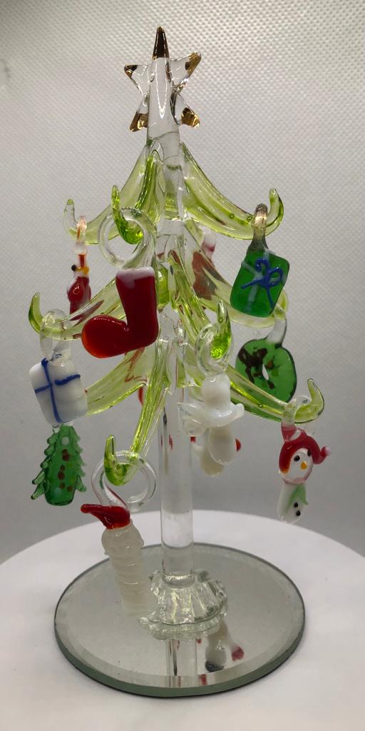 Green Glass Christmas Tree 6 inch with Ornaments