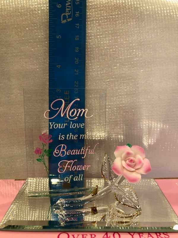 Glass Mom Figurine Pink Rose Accented with 22Kt Gold Mother's Day