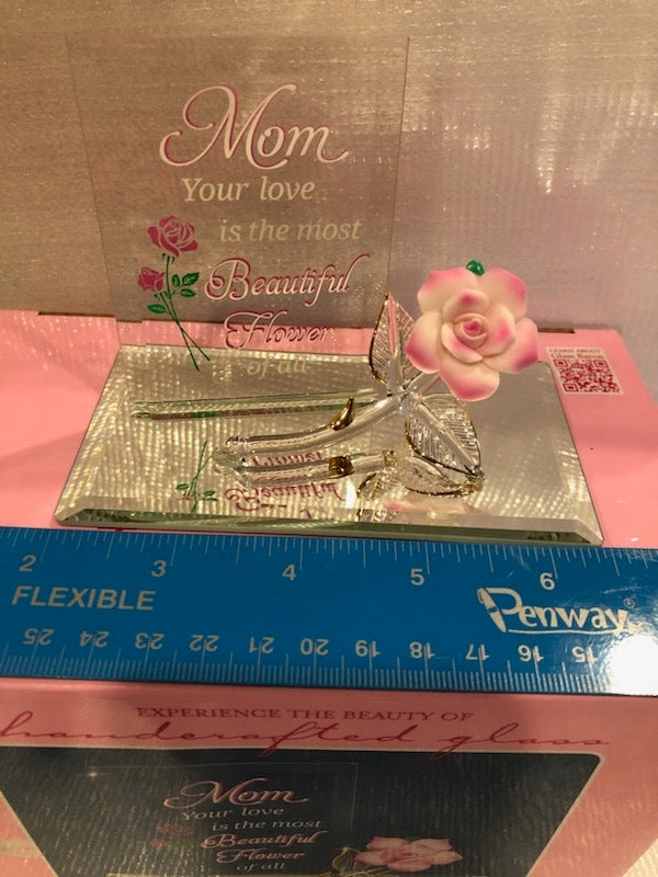 Glass Mom Figurine Pink Rose Accented with 22Kt Gold Mother's Day