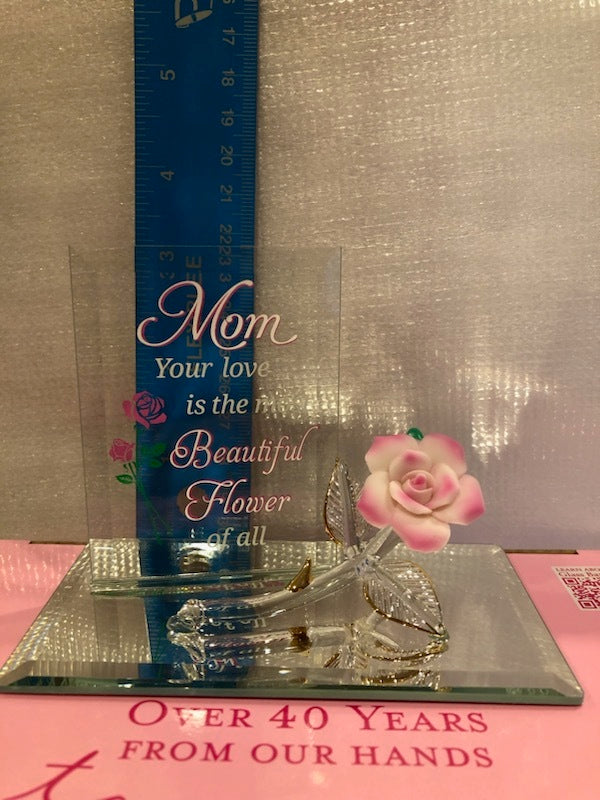 Glass Mom Figurine Pink Rose Accented with 22Kt Gold Mother's Day