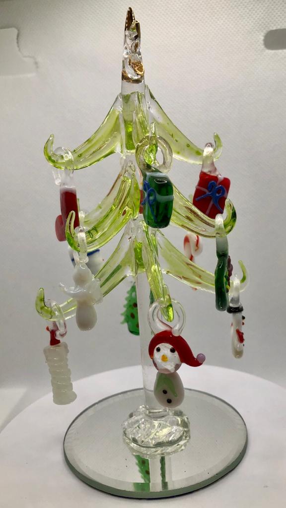Green Glass Christmas Tree 6 inch with Ornaments