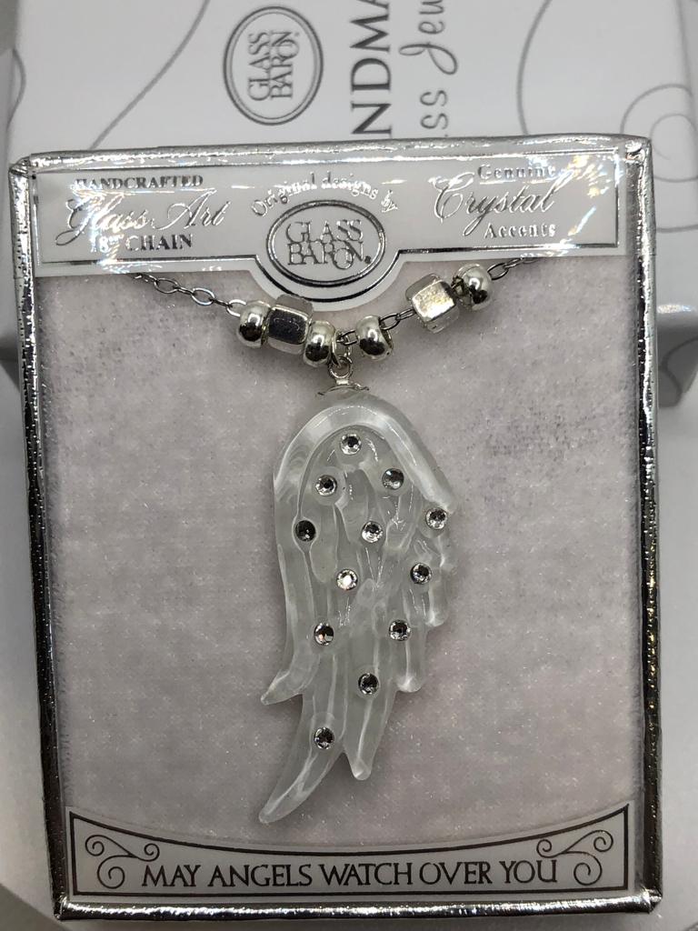 Silver Angel Wing Necklace with Crystals on 18" Chain