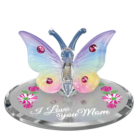 Handcrafted Glass Butterfly Figurine with 'I Love You Mom' Message