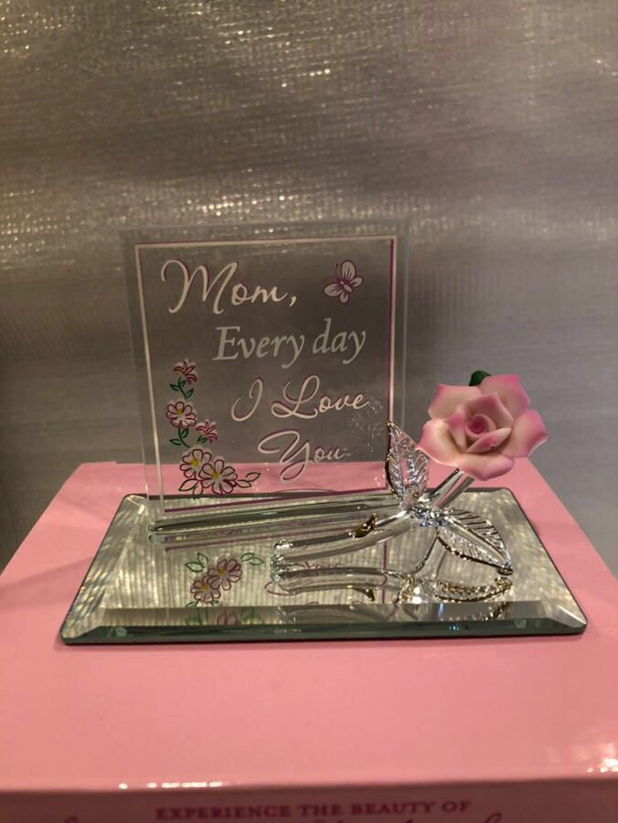 Glass Pink Porcelain Mom Rose Figurine Accented with 22Kt Gold