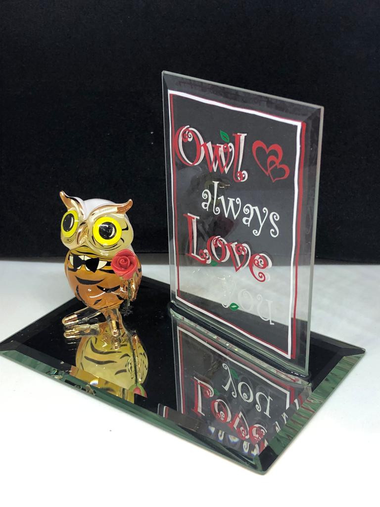 Owl Always Love You Glass Figurine with Rose – Owl Gift for Her, Romantic Keepsake, Anniversary Gift