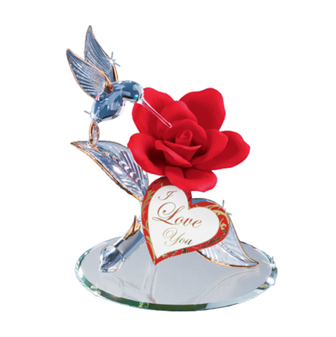 I Love You Hummingbird on Red Rose Figurine | Handcrafted Glass Gift for Her, Mom, or Partner