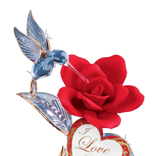 Glass Hummingbird & Red Rose Figurine Collectible I Love You