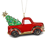 Handcrafted Glass Christmas Truck Ornament with Tree and Crystals