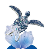 Sea Turtle on Blue Coral Handcrafted Glass Figurine with Crystals & Gold