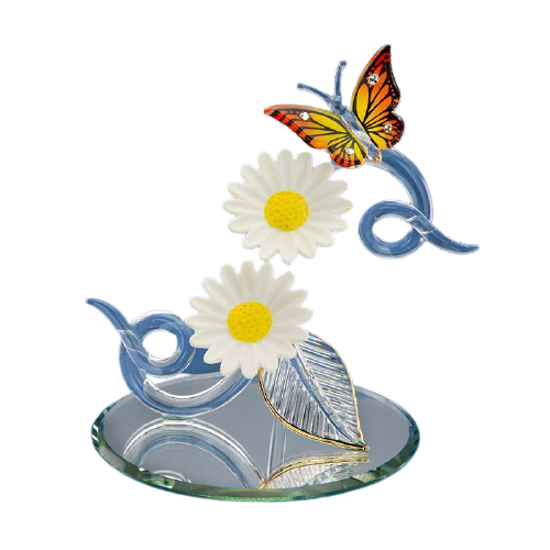 Glass Baron Double Daisy Butterfly Figurine with Crystals Accents