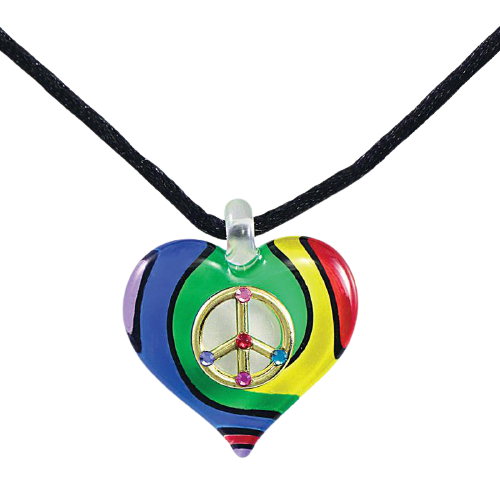 Glass Heart Peace Sign Necklace with Crystal Accents