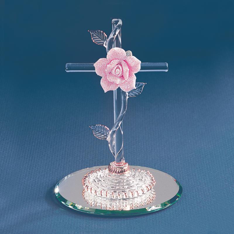 Handcrafted Cross with Pink Rose Vine - 5"