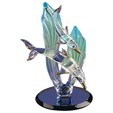 Dolphin and Baby Glass Figurine with Sea Grass | Ocean Decor | Sea Life Gift