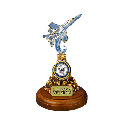 U.S. Navy Veteran F-18 Fighter Jet Figurine – Handcrafted Glass with 22K Gold Accents
