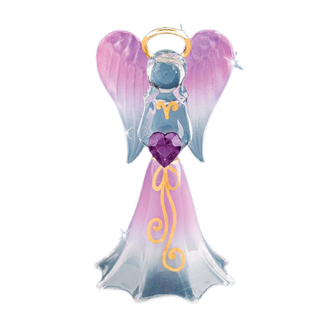 Lavender Angel Figurine with Purple Crystal Heart Handcrafted Glass Gift
