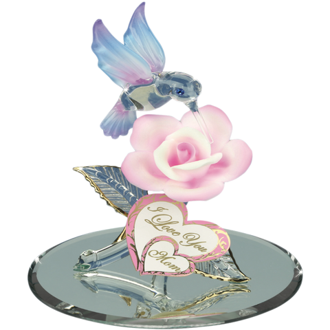 I Love You Mom Hummingbird Figurine Handcrafted Glass Gift with Porcelain Rose