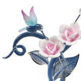Rose Garden Hummingbird Figurine Handcrafted Glass Art with Pink Roses & Crystals