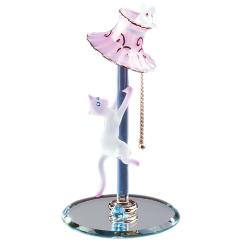 Glass Cat Figurine with Pink Lamp Handcrafted Gift for Cat Lovers