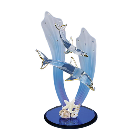 Dolphin and Baby Glass Figurine with Blue Sea Grass | Ocean Decor | Dolphin Gift | Sea Life Collectible