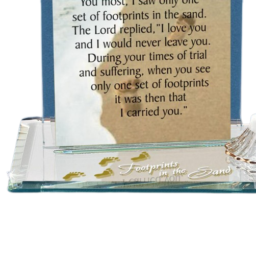 Footprints in the Sand Plaque Inspirational Glass Gift with Crystals