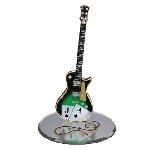 Black Jack Glass Guitar Figurine Crystal Decor with Cards & Gold Accents