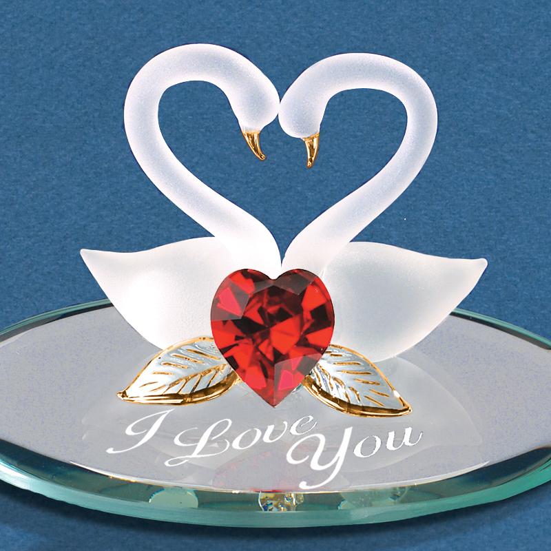 Glass Baron Swan Pair Figurine I Love You with Crystals Accents