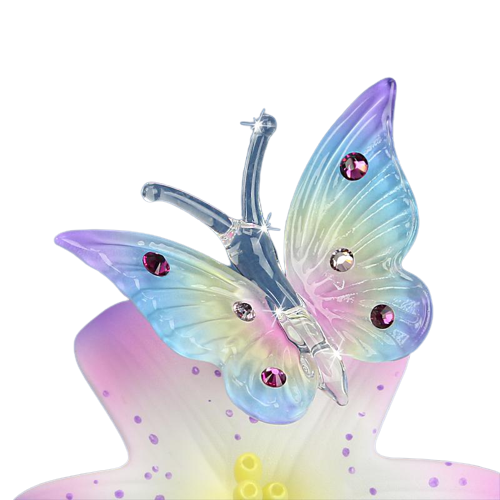 Butterfly on Lavender Lily Figurine Handcrafted Glass Butterfly Decor