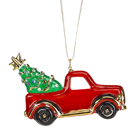 Handcrafted Glass Christmas Truck Ornament with Tree and Crystals