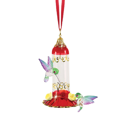 Glass Hummingbird Feeder Ornament with Crystals and Gold