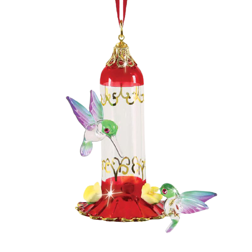 Glass Hummingbird Feeder Ornament with Crystals and Gold