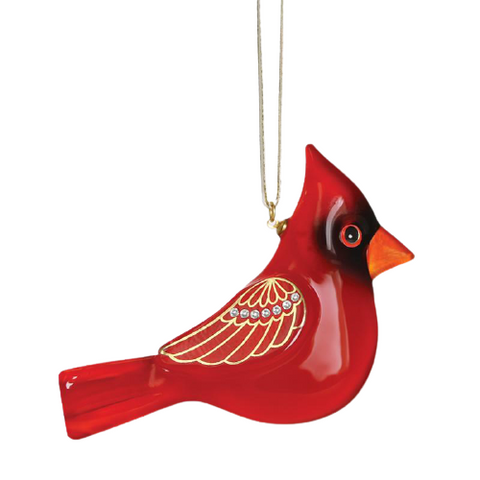 Cardinal Ornament Handcrafted Glass Bird Holiday Decoration with Crystals