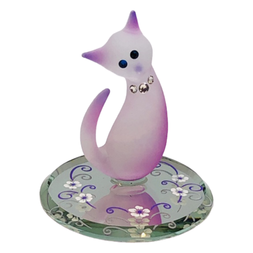Glass Pink and White Princess Cat Figurine with Crystal Accents