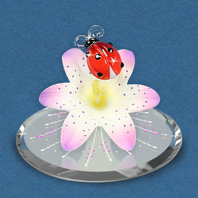 Glass Baron Ladybug on Lily Figurine with Crystal Accents