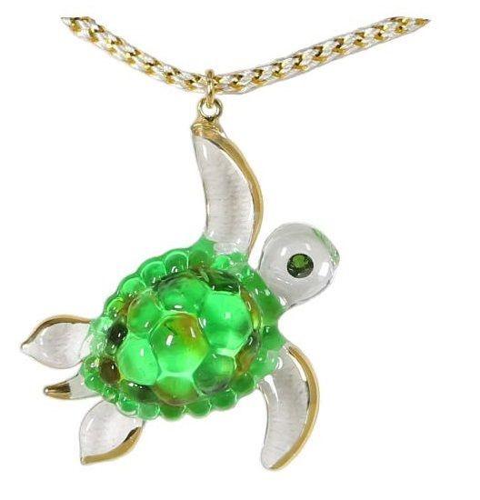 Glass Baron ~ Sea Turtle Necklace ~Crystal Eye ~ 22 kt. gold trim