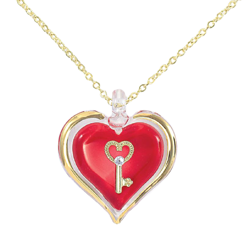 Heart & Key Necklace Red Heart Pendant on 18" Gold Plated Chain Romantic Gift