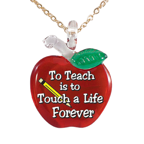 Red apple teacher necklace with engraved message and pencil design on chain