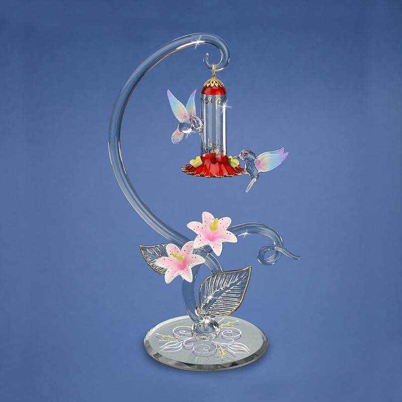 Glass Baron Large Hummingbird Feeder Figurine with Crystals Accents