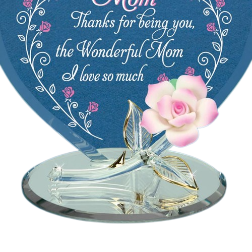 Glass Pink Rose Wonderful Mom Figurine Accented with 22Kt Gold