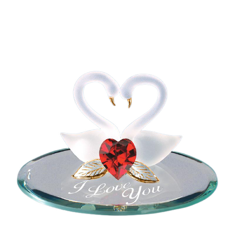 “I Love You” Swan Pair Glass Figurine with Crystal Heart