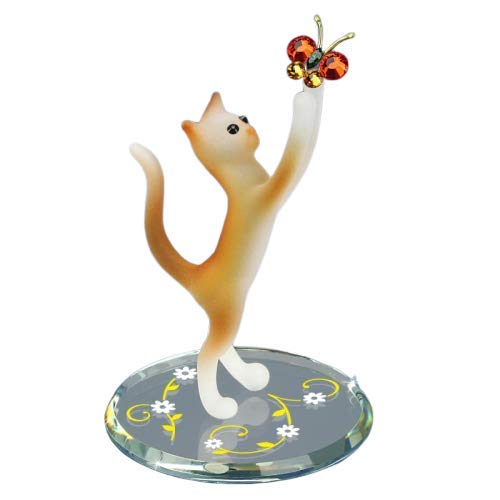 Glass Tabby Cat with Butterfly Collectible Figurine
