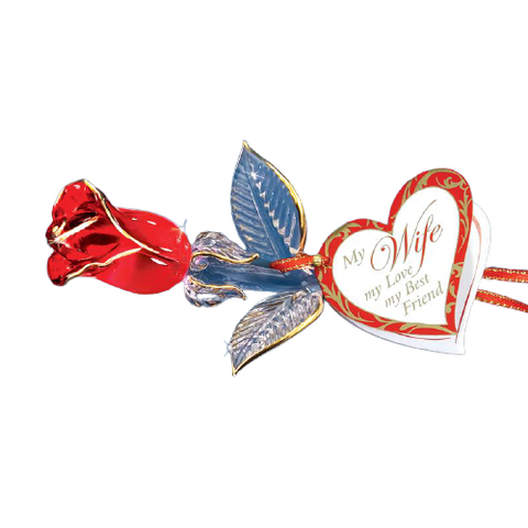 "My Wife" Red Rose Glass Art Love Gift with Gold Accents & Message Tag
